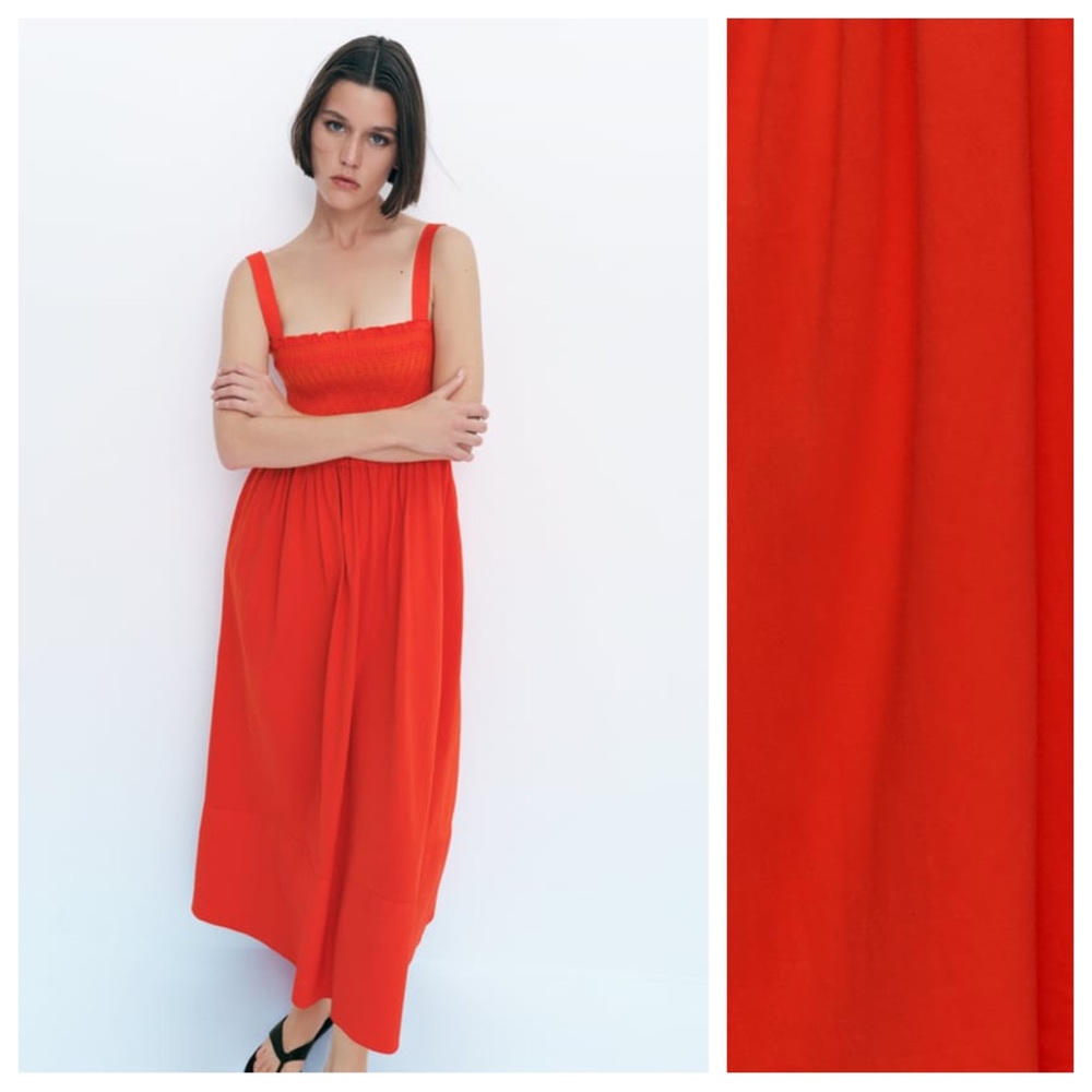 Zara Red Midi Dress with Smocked Bodice